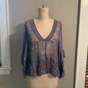 Free People Crochet Trim Floral Print Flutter Sleeve Blouse